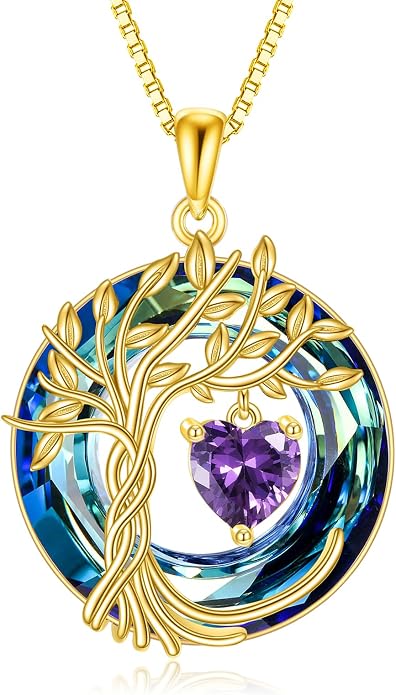 POPLYKE Mothers Day Gifts for Mom Her Wife Tree of Life Necklace 925 Sterling Silver Birthstone Pendant with Crystal Anniversary Birthday Wedding Jewelry for Women
