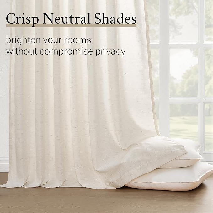 Pinch Pleated 92 Inch Curtains 2 Panels for Living Room Birch Linen Curtains 92 Inches Long Pinch Pleat Drapes for Track System Light Filtering Semi Sheer Curtains for Living Room Bedroom,Cream