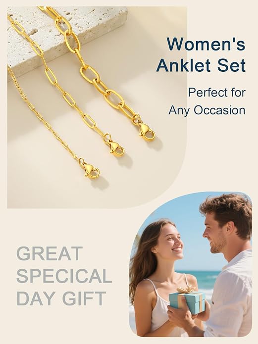 ChainsPro Stainless Steel Waterproof Anklet for Women, Adjustable Non Tarnish Layered Anklets, Trendy Dainty Cuban Link Ankle Bracelet Beach Jewelry Gifts for Swimming & Daily Wear (8.5+2 inches)