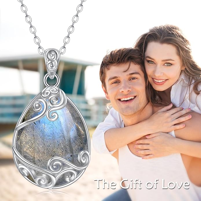 YAFEINI 925 Sterling Silver Moonstone Necklace Filigree Teardrop Pendant Necklace Jewelry for Women Girls