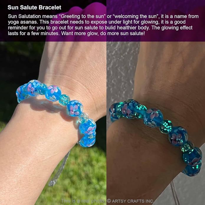 ARTSY Crafts Lily Garden Glow in the Dark Firefly Bead Bracelets Necklaces, Handmade in USA Murano Glass Jewelry, Flower Luminous Beads Mermaid Crystal Bracelet Bangle