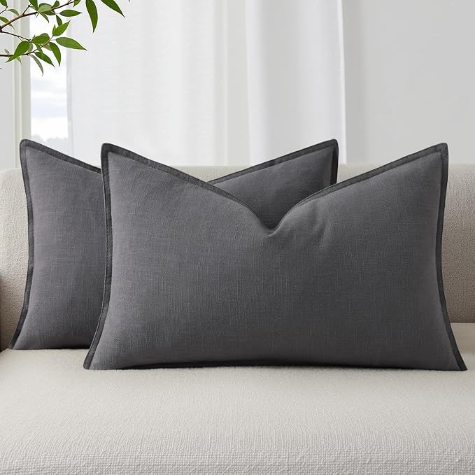 decorUhome Fall Dark Grey Linen Throw Pillow Covers 12x20 Set of 2 | Decorative Soft Cozy Modern Farmhouse Boho Accent Pillow Cases with Flange Edges for Couch Bed Sofa Living Room Home Decor