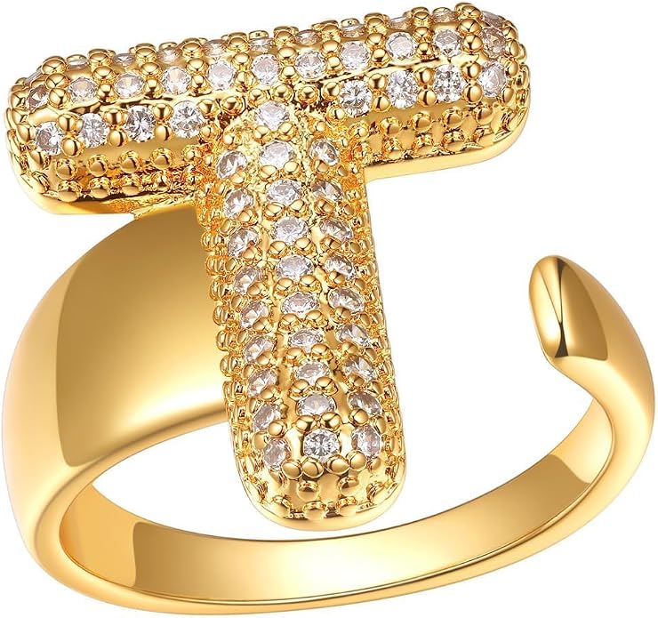 FindChic Initial Ring for Women, Gold Plated Chunky Letter Rings Open Adjustable Trendy Sparkling Cubic Zirconia Personalized Statement Rings Jewelry Gift