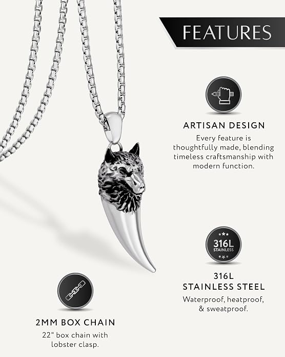 RTZN® Pendant Necklace for Men – Premium Stainless Steel Silver Pendant Necklace with 22" Chain – Waterproof & Non-Tarnish Small Pendants for Men – Bold Symbols of Strength & Legacy