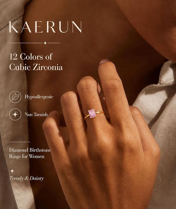 KAERUN Gold Birthstone Rings for Women Non Tarnish 14K Gold Plated Stackable CZ Thumb Eternity Rings Dainty Emerald Green Gemstone Engagement Ring for Mother Lover Birthday Jewelry Gifts Size 6-10