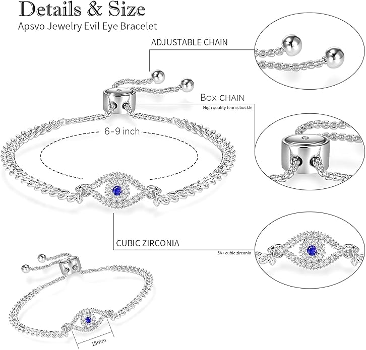 Apsvo Evil Eye Bracelet, Sideway Cross Bracelet, Silver 14K Gold Plated Bracelet for Women Adjustable Slide Chain Jewelry