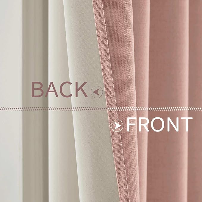 MIULEE 100% Blackout Linen Curtains for Bedroom Thermal Insulated Blush Pink Grommet Room Darkening Curtains & Drapes for Living Room 52 x 84 Inch (2 Panels)