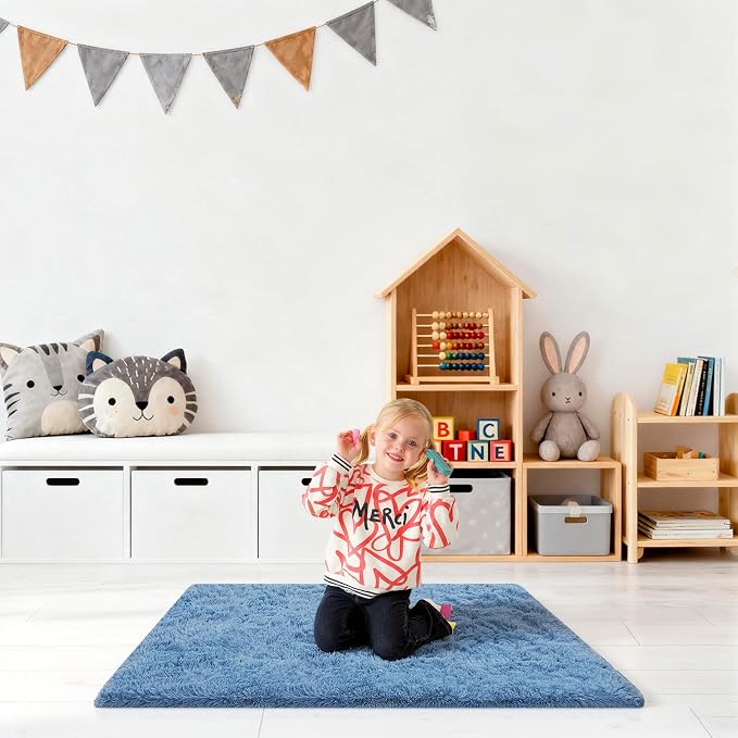 Blue Rugs for Bedroom, 2x3 Fluffy Area Rugs for Living Room, Small Fuzzy Shag Soft Carpet with 4 Non-Slip Adhesive Strips for Kids Boys and Girls Nursery Dorm Room Home Decor (2ft X 3ft, Blue)