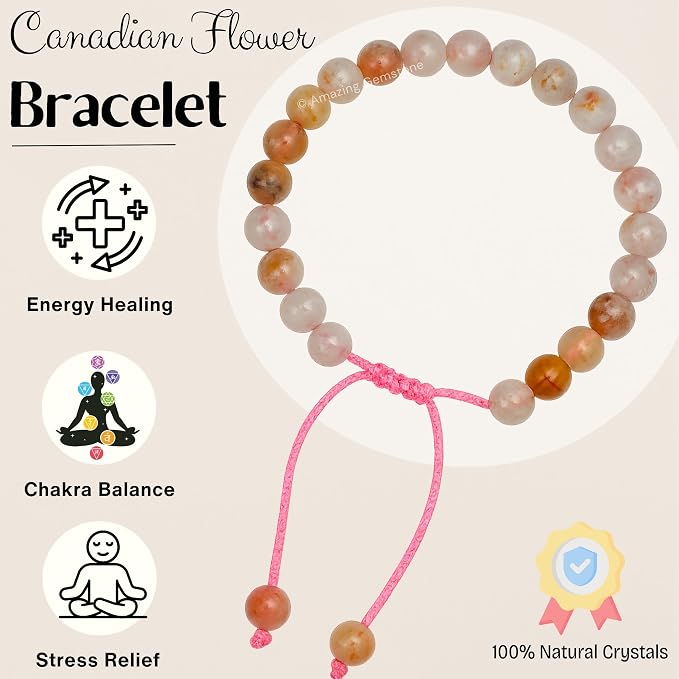 Amazing Gemstone Canadian Flower Agate Bracelet for Women Men's Gifts - Protection Healing Crystal Bracelet - 8mm Gemstone Beaded Adjustable Bracelet Pulseras para Hombres Mujer Stocking Stuffers