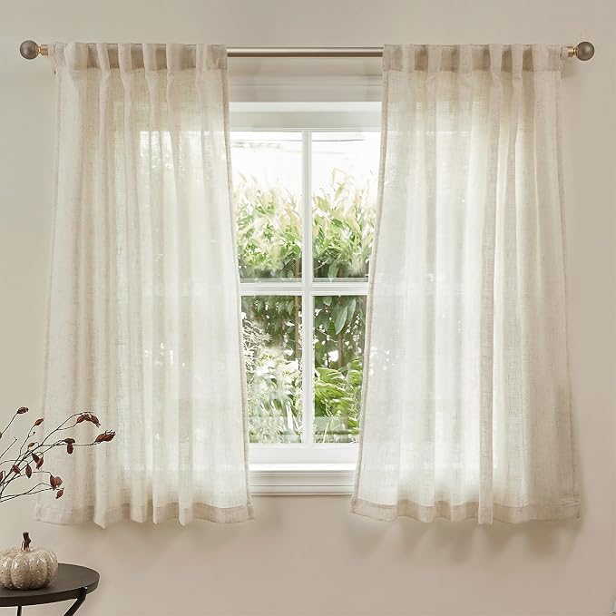 MYSKY HOME Kitchen Window Curtains Half Sheer Drapes 45 Inches Long, Boho Farmhouse Style Linen Polyester Blend Fabric, Decorative Texture for Bathroom/Closet/Cafe, 50" x 45", Linen, 2 Pieces
