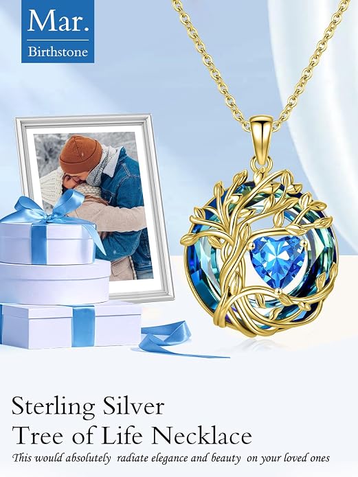TOUPOP Tree of Life Birthstone Necklace Sterling Silver Pendant Birthstone Necklaces with Blue Crystal Anniversary Birthday Jewelry for Women Mom Wife Her