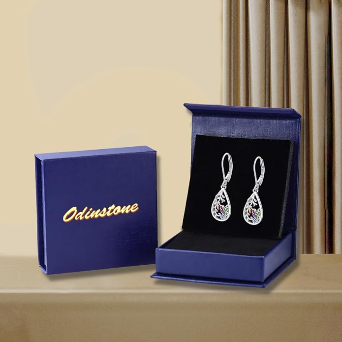 Odinstone 925 Sterling Silver Earrings Tree of Life Teardrop Moonstone Dangle Drop Leverback Earrings for Women