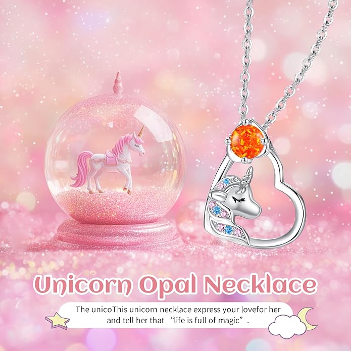 CDE Christmas Gift for women Cute Unicorn Birthstone Necklace for Girls Daughter 925 Sterling Silver Opal Heart Pendant Graduation Birthday Christmas Jewelry Gift for Teenage Girls Niece