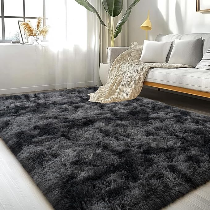 Large Area Rugs for Living Room Bedroom 6x9 Black Grey Shag Rugs | Ultra Soft Fluffy Shaggy Plush Fuzzy Modern Indoor Throw Floor Carpet for Kids Girls Boys Dorm Nursery Home Decor Aesthetic