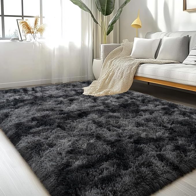 Large Area Rugs for Living Room Bedroom 4x6 Black Grey Shag Rugs | Ultra Soft Fluffy Shaggy Plush Fuzzy Modern Indoor Throw Floor Carpet for Kids Girls Boys Dorm Nursery Home Decor Aesthetic