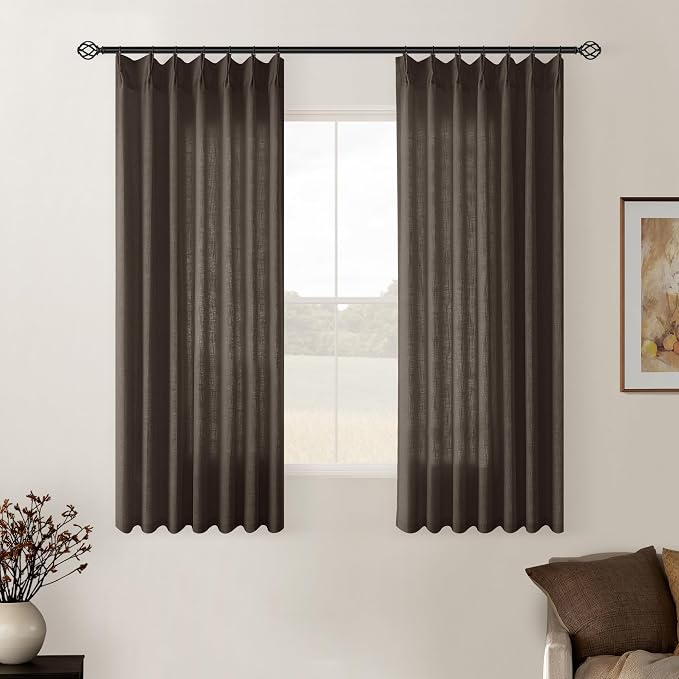 Dark Chocolate Pleated Linen Semi Sheer Curtains 45 Inch Length 2 Panels | for Kitchen Small Bay Window Basement, Pinch Pleated with Hooks Rings Back Tab, Memory Shape, Thick Linen Semi Sheer, W40xL45