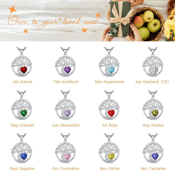 Birthstone Tree of Life Necklace for Women Heart Crystal Pendant Silver Plated Birthday Anniversary Jewelry for Wife, Mom, and Her