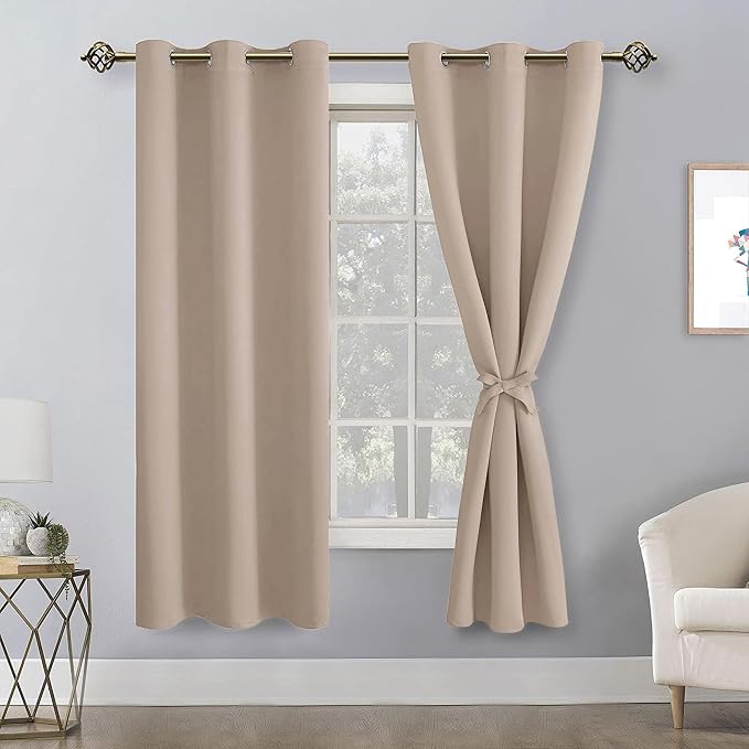 Hiasan Blackout Curtains for Bedroom, 42 x 63 Inches Length - Thermal Insulated & Light Blocking Window Curtains for Living Room/Kids Room, 2 Drape Panels Sewn with Tiebacks, Camel