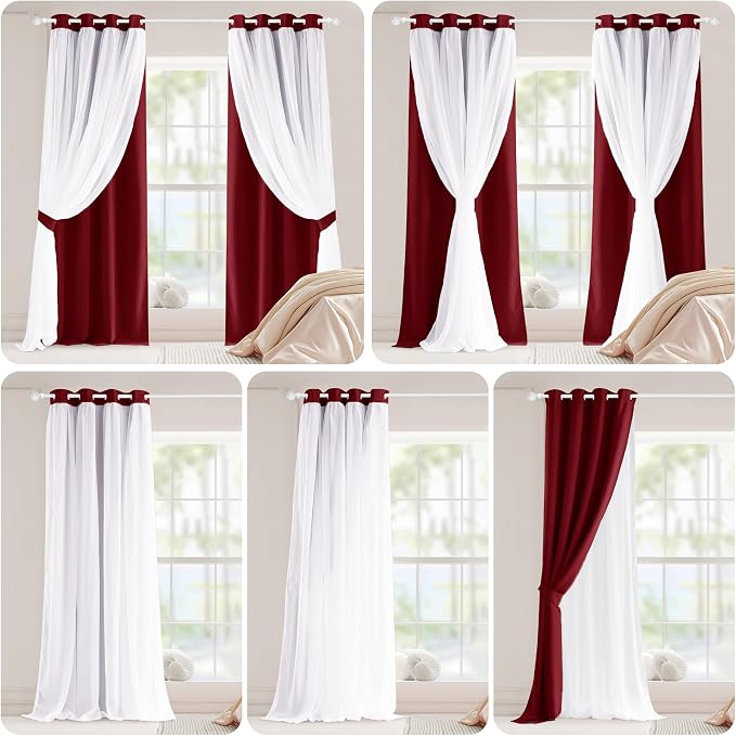 PONY DANCE Bedroom Curtains Decorative - Mix & Match Curtains for Home Decoration Window Drapes Elegant for Living Room/Bedroom, 52 by 84 inches, Red, Set of 2
