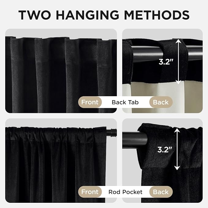 Joydeco 100% Blackout Velvet Curtains Black 72 Inch Back Tab | Luxury Thermal Insulated Velvet Curtains for Bedroom Living Room, Soundproof Blackout Window Drapes