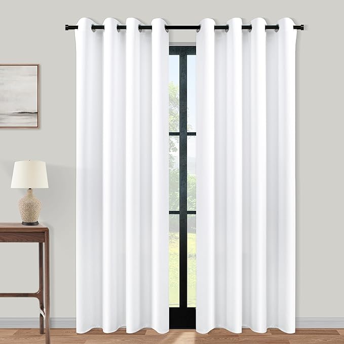 KOUFALL White Curtains 90 Inches Long for Living Room Window 2 Panels Semi Blackout Grommet Room Darkening Insulated Thermal Curtains for Bedroom 52x90 Inch Length