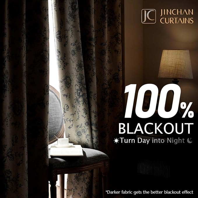 jinchan Grey Floral Linen Blackout Curtains Lined 96 Inch Back Tab 2 Panels | Blackout lining, room darkening drapes, farmhouse, vintage, cottagecore, rustic, bedroom, living room, window treatment