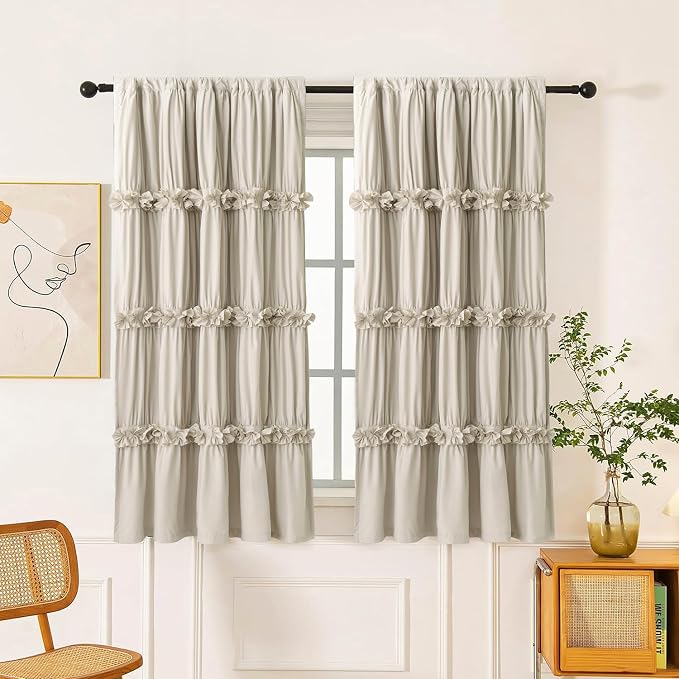 Homechoice Decor Thermal Insulated Window Curtains, 42" W x 63" L (Pair) | Boho Ruched Blackout Window Treatments with 3 Rows of Butterfly Flowers, Rustic Rod Pocket Drapes for Room, Camel (LQ-30)