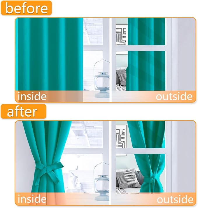 Hiasan Blackout Curtains for Bedroom, 52 x 54 Inches Long - Thermal Insulated & Energy Saving Window Curtains for Living Room, 2 Drape Panels Sewn with Tiebacks, Peacock Teal
