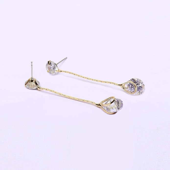 Crystal Linear Drop Earrings - Womens Sterling Silver Round Cubic Zirconia CZ Diamond Rhinestone Long Chain Dangle Earrings Bridal Drop Earrings for Wedding Bride Bridesmaids