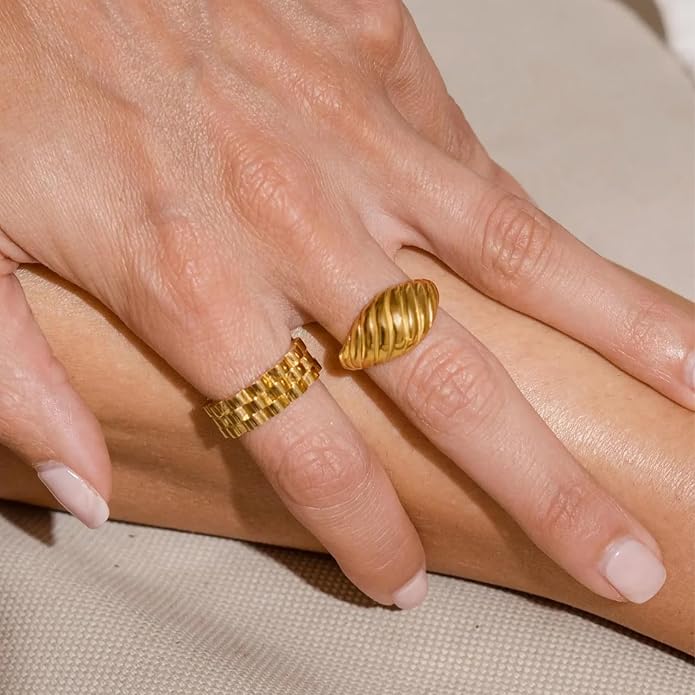 Gold Silver Rings Set for Women Chunky Statement Rings ZC Dome Evil Eye Croissant ring Thick 18K Gold Plated Band Rings