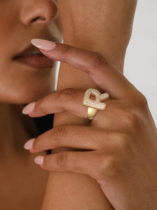 FindChic Initial Ring for Women, Gold Plated Chunky Letter Rings Open Adjustable Trendy Sparkling Cubic Zirconia Personalized Statement Rings Jewelry Gift