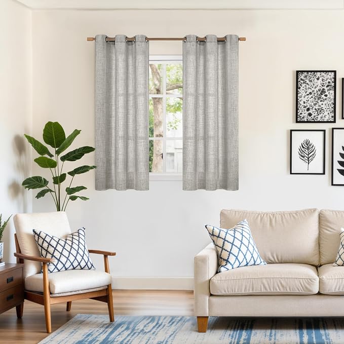 YoungsTex Dark Grey Linen Curtains 45 Inches Length, Textured Semi Sheer Drapes Light Filtering with Bronze Grommet for Bathroom Bedroom Living Room Window, 2 Panels, 42 X 45 Inch