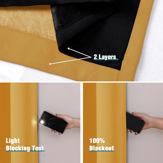ChrisDowa 100% Blackout Curtains for Bedroom 54 Inches Long 2 Panels Set | 2 Thick Layers Total Light Blocking Thermal Insulated Grommet Window Curtains for Living Room, Mustard Yellow, 42 x 54 Inch