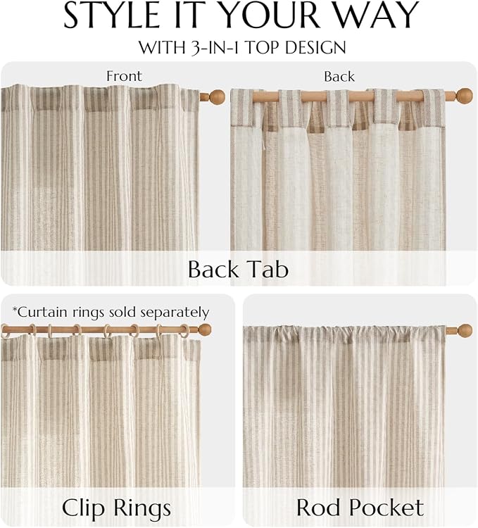 jinchan Linen Curtains 96 Inch Taupe Grey Stripe on Beige Back Tab 2 Panels | Curtains For Living Room Bedroom,Ticking Stripe, Farmhouse Cottage Core Rustic,Rod Pocket Window Treatment,Light Filtering