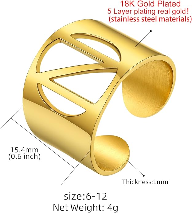 KeyStyle Bold Initial Letter Rings Adjustable, GoldChic Jewelry Women Gold Statement Ring Personalized Engraved Women’s Open Signet Ring for Party (Gold, White Gold, Black)