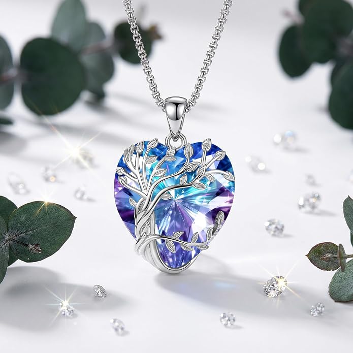 Eusense Tree of Life Necklace for Women White Gold Plated Copper Moonstone/Turquoise/Black Onyx/Crystal Birthstone Pendant Jewelry Gifts for Women Men