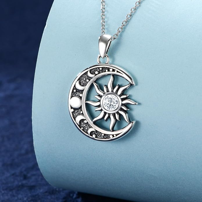 Sun and Moon Necklace 925 Sterling Silver Sun Moon Pendant Gemstone Jewelry Gifts for Women