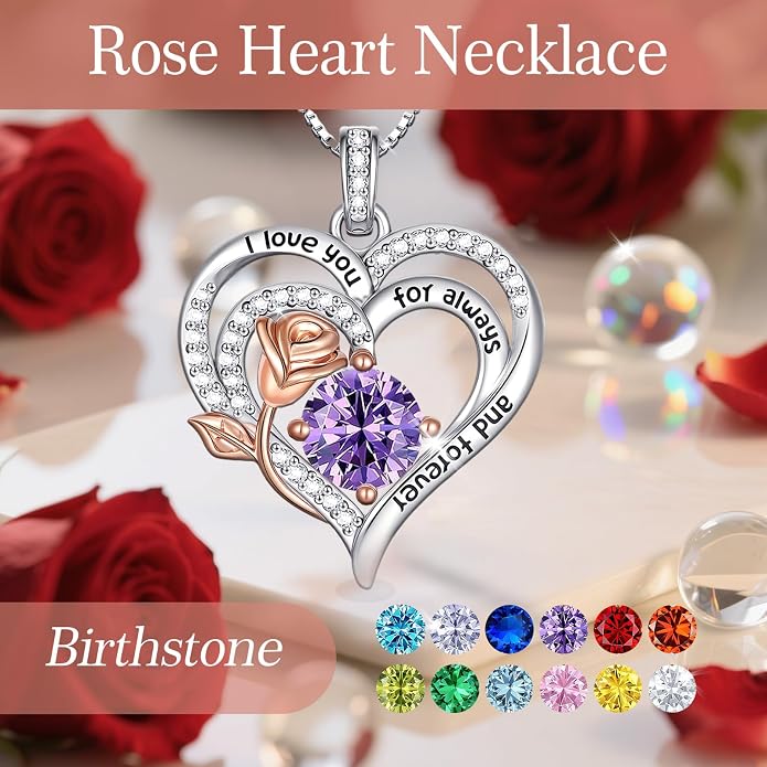 Birthstone Heart Necklaces for Women 925 Sterling Silver Fine Jewelry Rose Pendant Necklace Anniversary Birthday Mothers Day Gifts Her Wife Women Mom Daughter