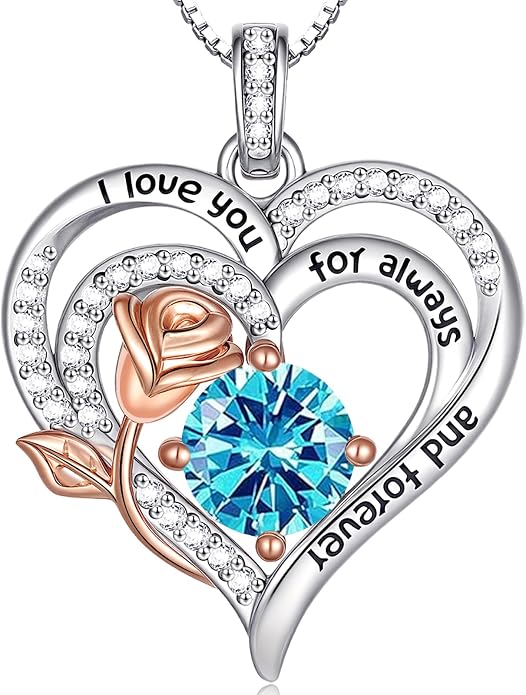 Birthstone Heart Necklaces for Women 925 Sterling Silver Fine Jewelry Rose Pendant Necklace Anniversary Birthday Mothers Day Gifts Her Wife Women Mom Daughter