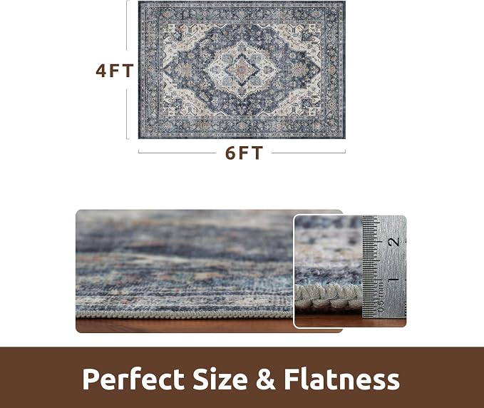 AMOAMI-4X6 Area Rugs for Living Room -Soft Vintage Bedroom Rugs-Non Slip Washable Rug-Throw for Living Room Bedroom Bedside Dining Room Office Blue