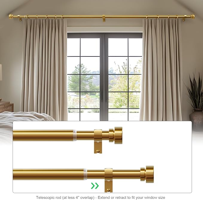 Lootkell 2 Pack Gold Curtain Rods Set for Windows 66 to 120 Heavy Duty 1" Diameter Adjustable Window Single Rods with Solid Metal Finials for Bedroom Living Room Kitchen Farmhouse