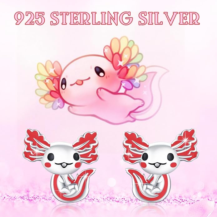 925 Sterling Silver Axolotl Earrings White Gold/Rose Gold Axolotl Jewelry for Women Girls Pink/Blue Axolotl Gifts