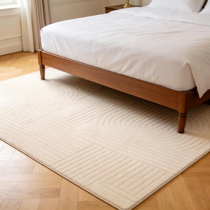 5x7 Beige Area Rug, Washable Rugs for Living Room Bedroom | Fluffy High-Low Pile Textured Rug with Modern Geometric Pattern, Ultra Soft Boho Carpet for Nursery, Kids Room, Home Office