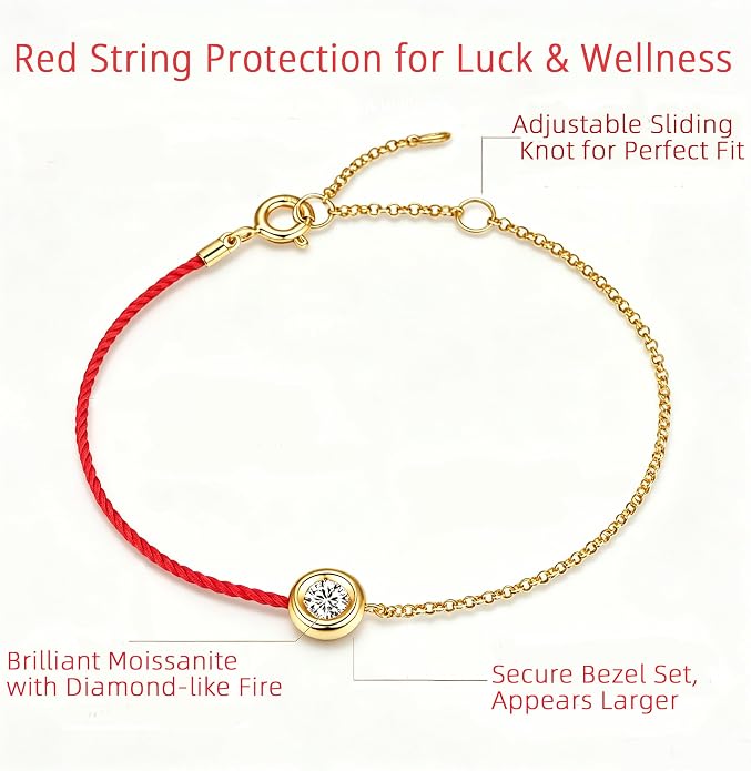 MISS mimi 18K Gold Plated Moissanite Bracelet for Women, 925 Sterling Silver Bezel Set Dainty Cord Jewelry, Adjustable Layering Friendship Gift