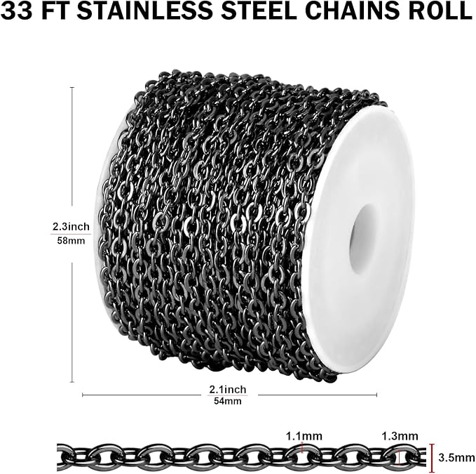 [33 FT] Black Cable Chains Bulk for Jewelry Making, 3.5mm 304 Stainless Steel Gunmetal Black Flat Cable Link Chains Roll Spool for Jewelry Making DIY Craft