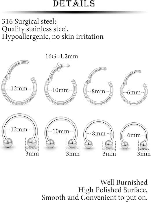 20G 18G 16G 14G 12G 10G Hypoallergenic Nose Rings Hoops for Men Women 316L Surgical Steel Hinged Nose Rings for Nostril Septum Cartilage Helix Daith Tragus Rook Conch Lip Ear Lobe Piercing