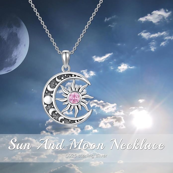Sun and Moon Necklace 925 Sterling Silver Sun Moon Pendant Gemstone Jewelry Gifts for Women