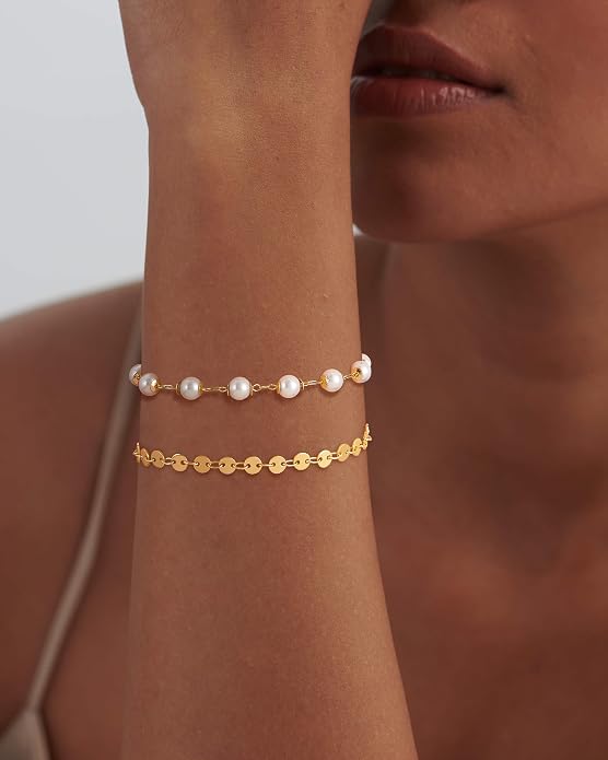 Dremmy Studios Gold Bracelet for Women 18K Gold Plated Dainty Paperclip Cubic Zirconia Disc Coin Star Cable Satellite Bead Pearl Simple Boho Minimalist Stacking Layered Link Jewelry Gift