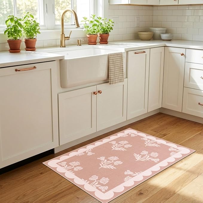 Pink Boho Bathroom Rug - 2x3 Scalloped Floral Girls Bedroom Rugs Soft Boho Runners for Hallways Small Accent Throw Rugs for Bedroom Entryway Kitchen Laundry Room Powder Room Dorm Bedside