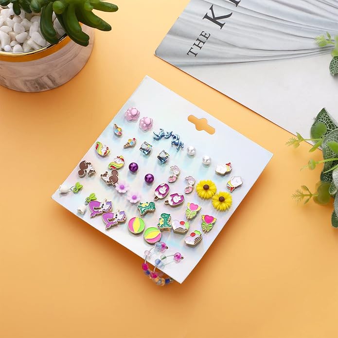 NEWITIN 100 Pairs Colorful Cute Earrings for Girls Sensitive Ears Hypoallergenic Girl Stud Earrings Set Stainless Steel Cartoon Stud for Girls and Women